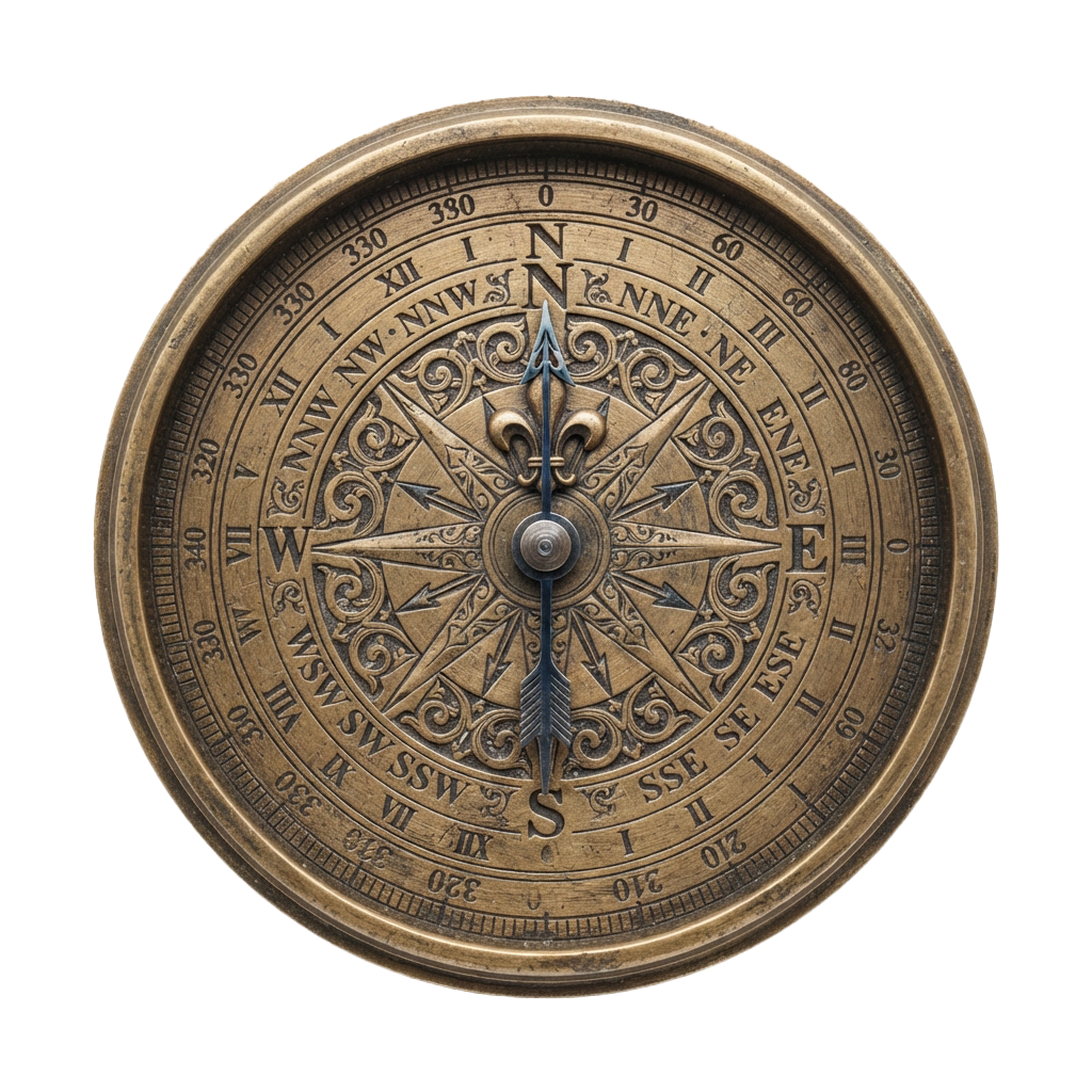 Decorative antique compass showing cardinal directions and ornate floral designs around the edge