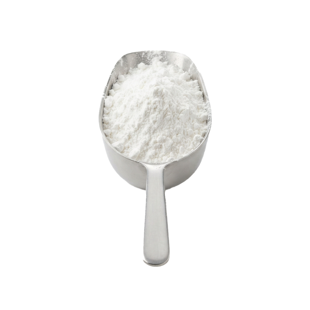 A white scoop filled with a fine, light-colored powder against a black background