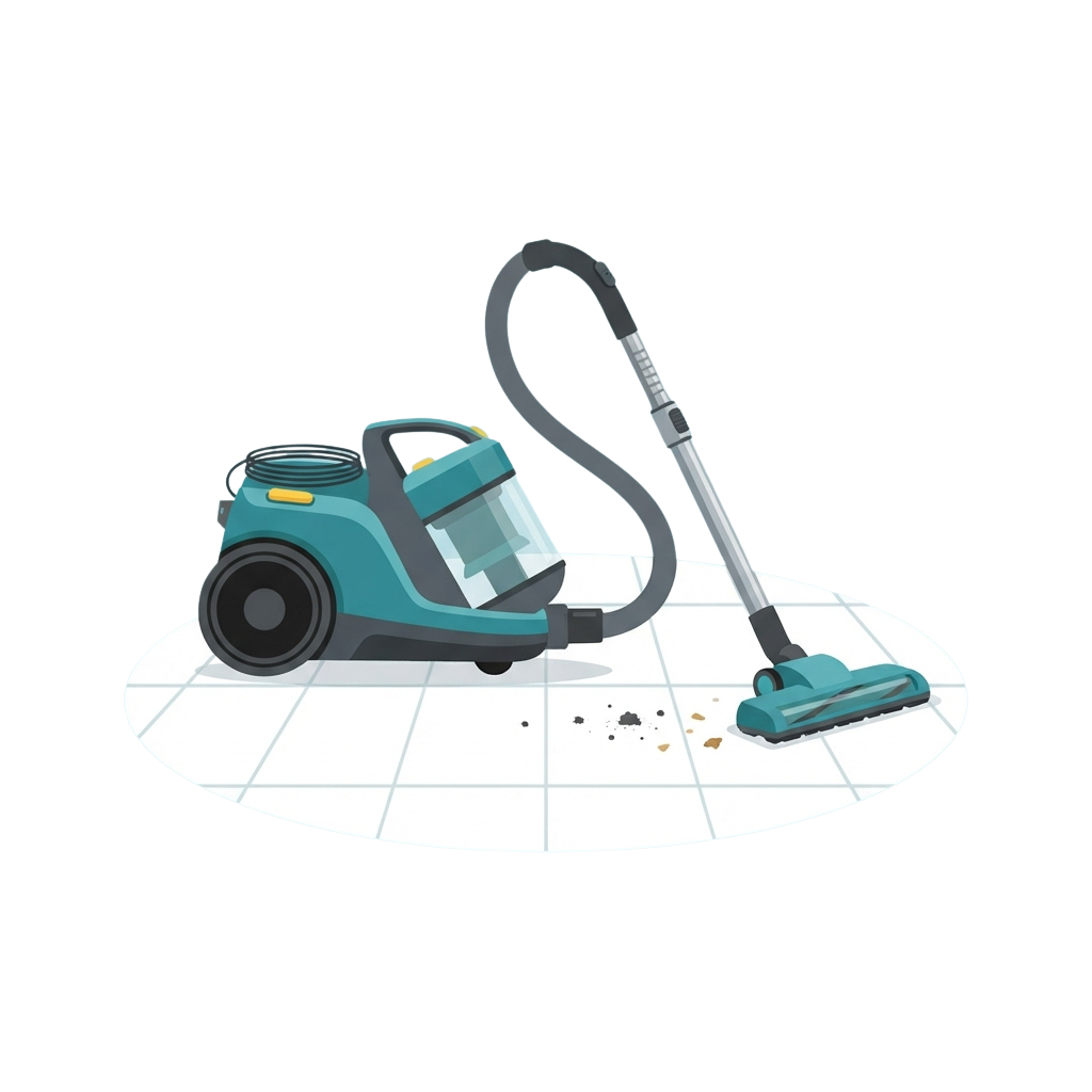 A cordless upright vacuum cleaner with an extended hose attachment cleaning a tiled floor
