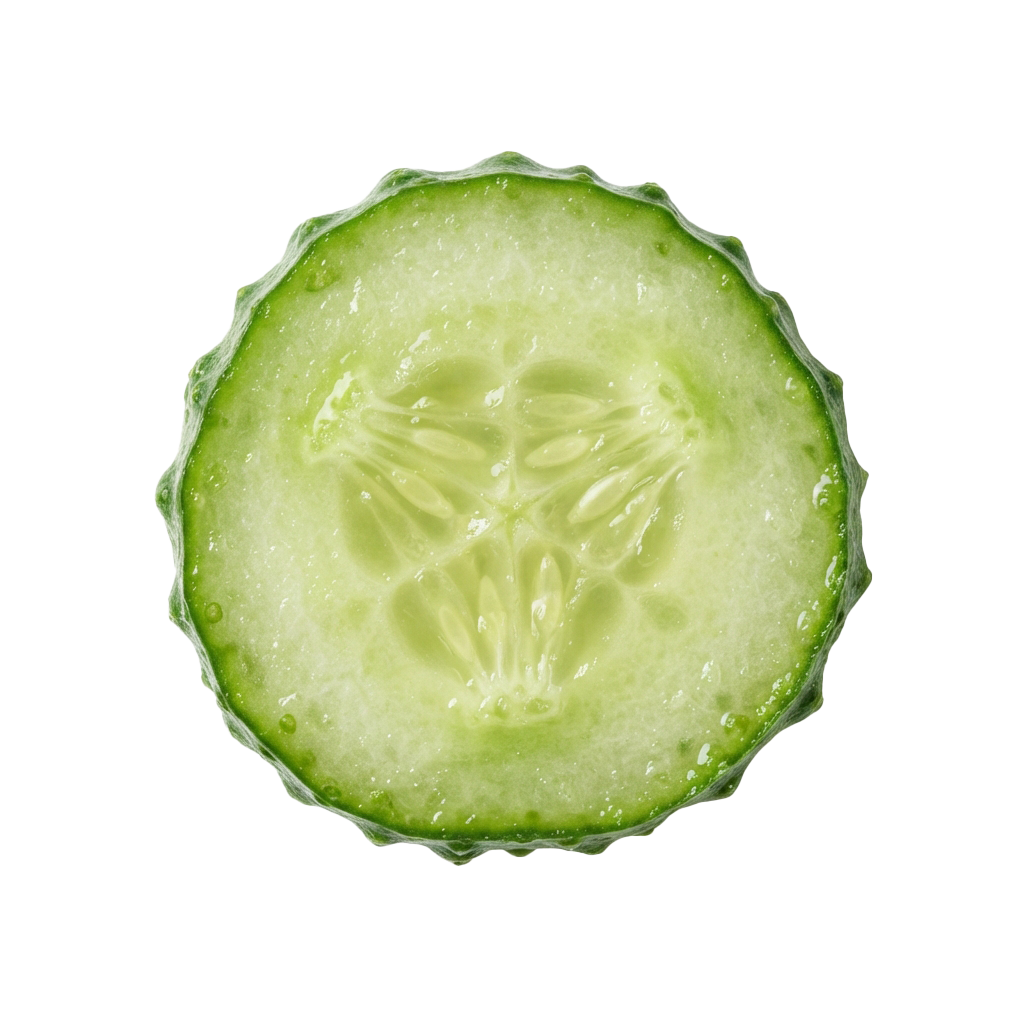 Cross-section of a green cucumber revealing its star-shaped seeds and inner texture