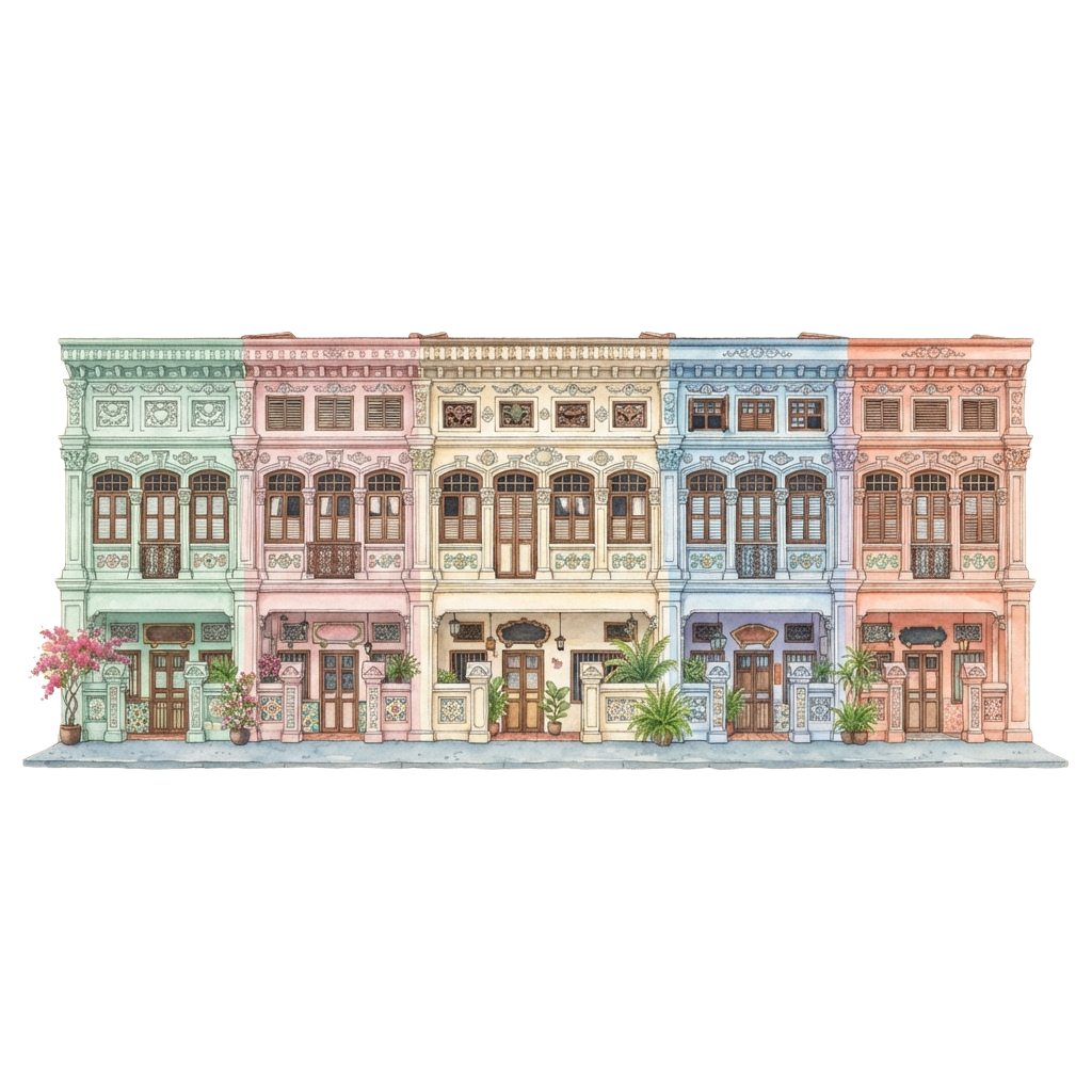 Illustration of a row of colorful shophouses with intricate designs and arched windows