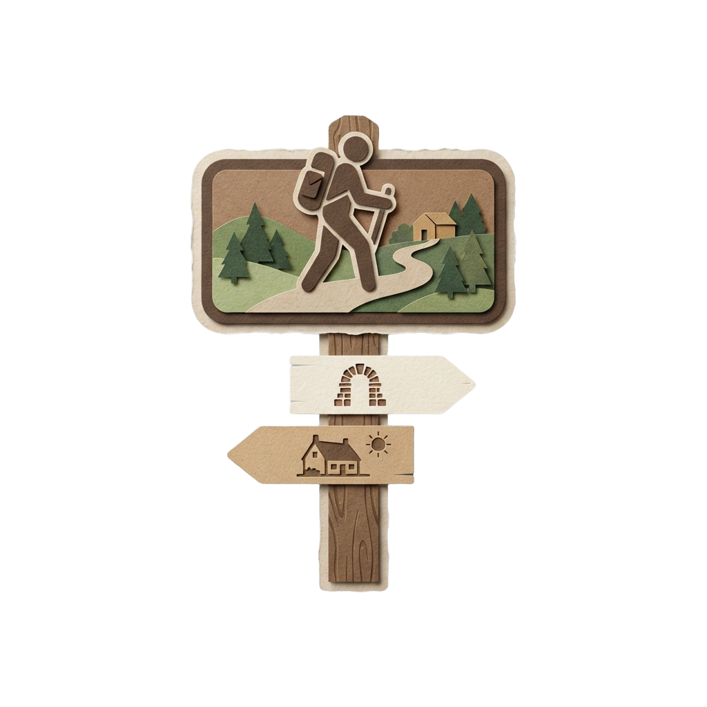 Illustration of a wooden hiking trail sign with a hiker icon and directional arrows pointing to a bridge and house