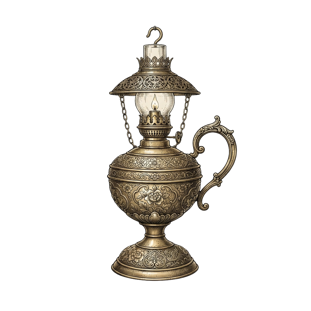 An antique brass lamp with detailed floral engravings and a curved handle, featuring a lit candle inside a glass chimney.