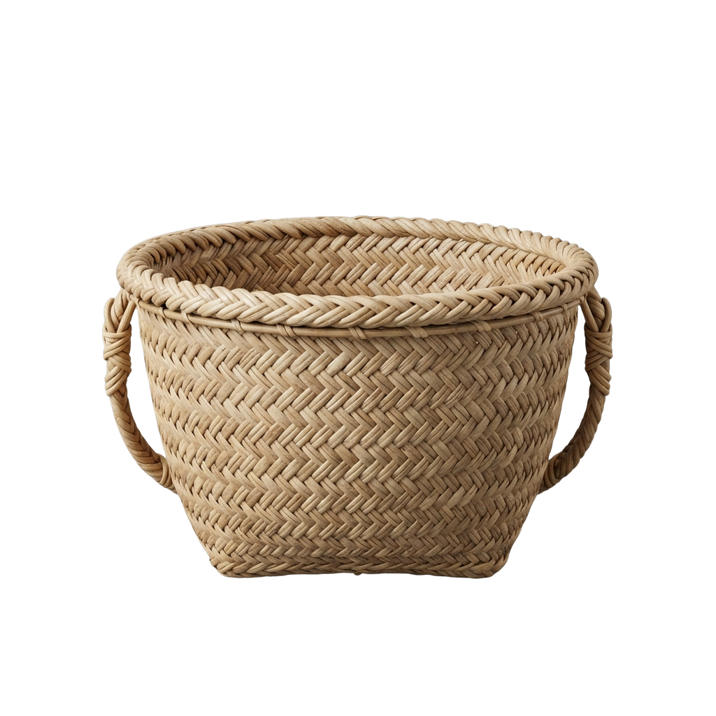 Light beige woven basket with two sturdy handles, intricately braided design