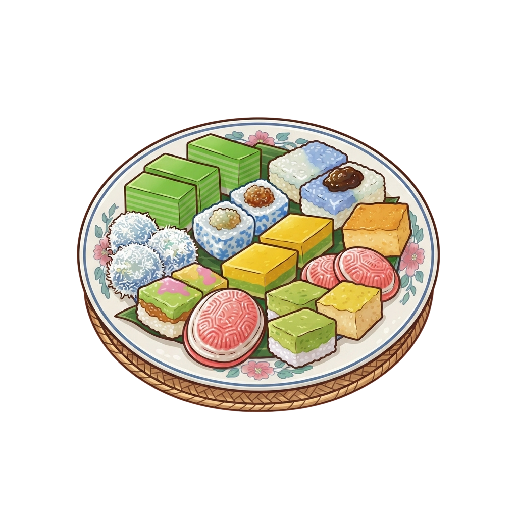 Colorful assortment of Japanese wagashi sweets arranged on a decorative plate with floral patterns