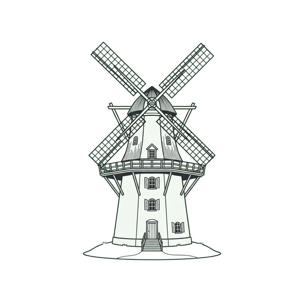 Illustration of a traditional windmill with four blades and a multi-story tower.