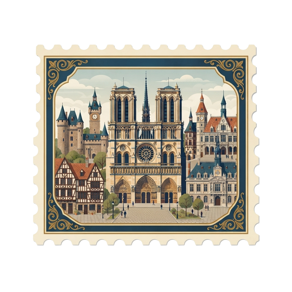 Illustration of a European city featuring Gothic cathedral, clock tower, and traditional buildings with ornate framing.