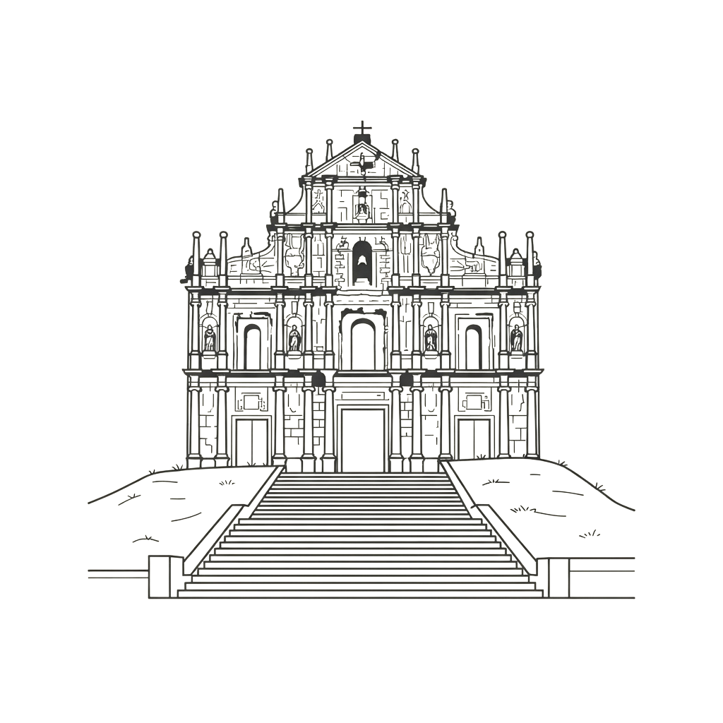 Detailed line drawing of a grand Baroque-style cathedral with ornate facade and symmetrical design