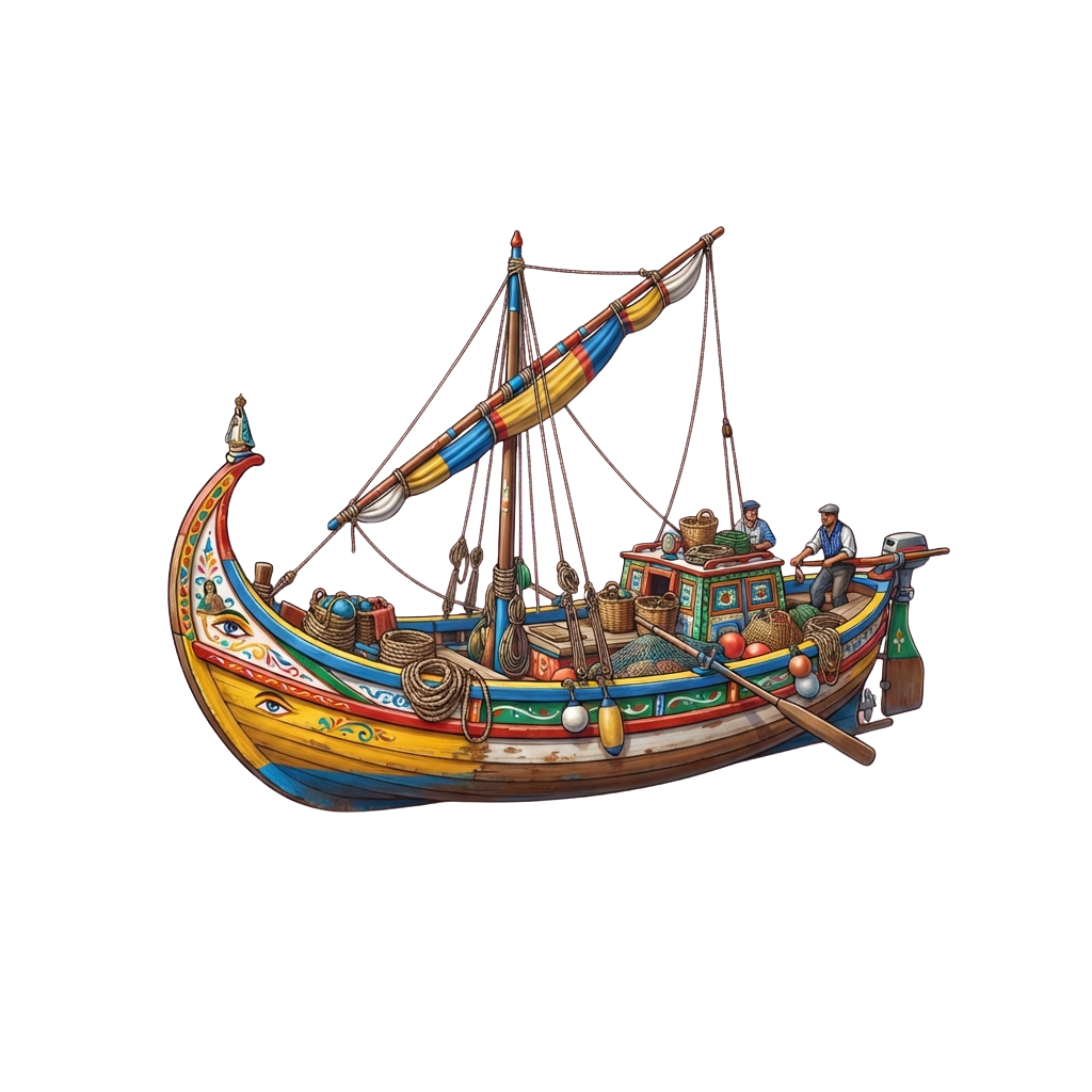 A brightly painted wooden sailboat with two crew members and colorful sails on a dark background