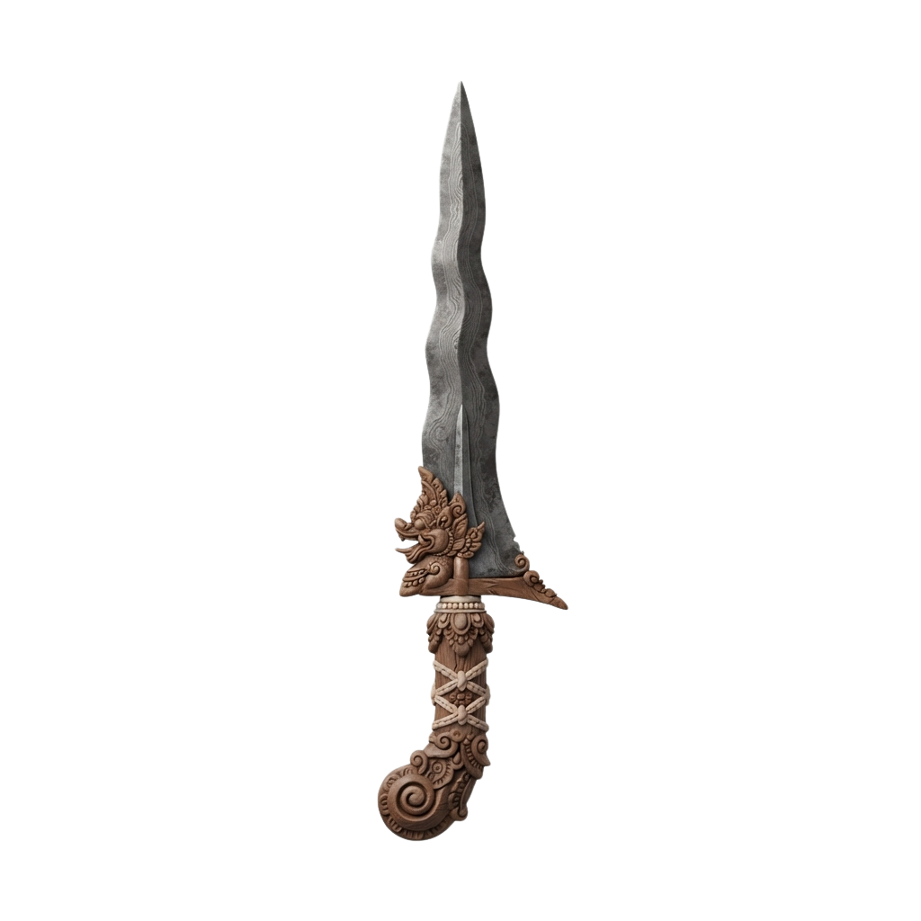 A stylized dagger featuring an intricately carved handle with a mythical creature design and a double-edged blade.