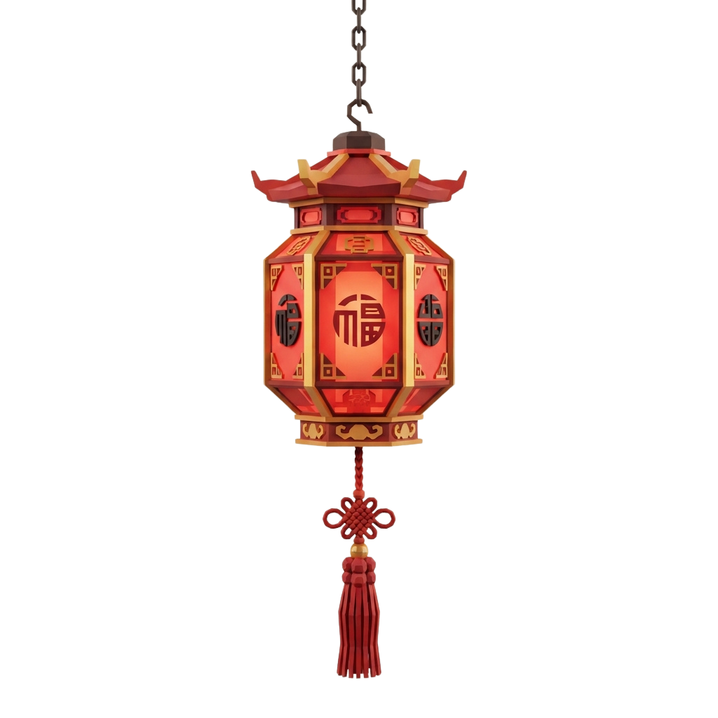A decorative red Chinese paper lantern with intricate gold designs and a tassel hanging from a chain