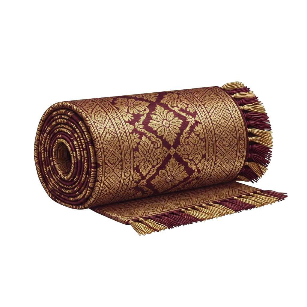 A rolled fabric with intricate gold floral patterns on a deep maroon background and fringed edges.