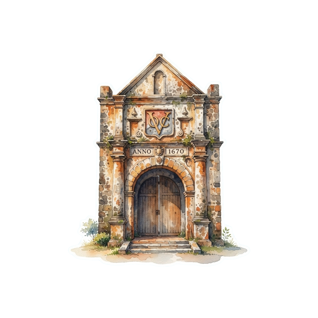 Illustration of an old stone chapel entrance with arched wooden door and anno 1670 inscription