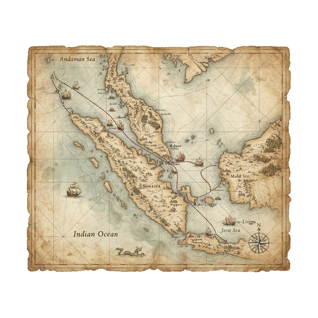 Old-style map of Southeast Asia showing Sumatra, Java Sea, and Andaman Sea with pirate ship routes marked.