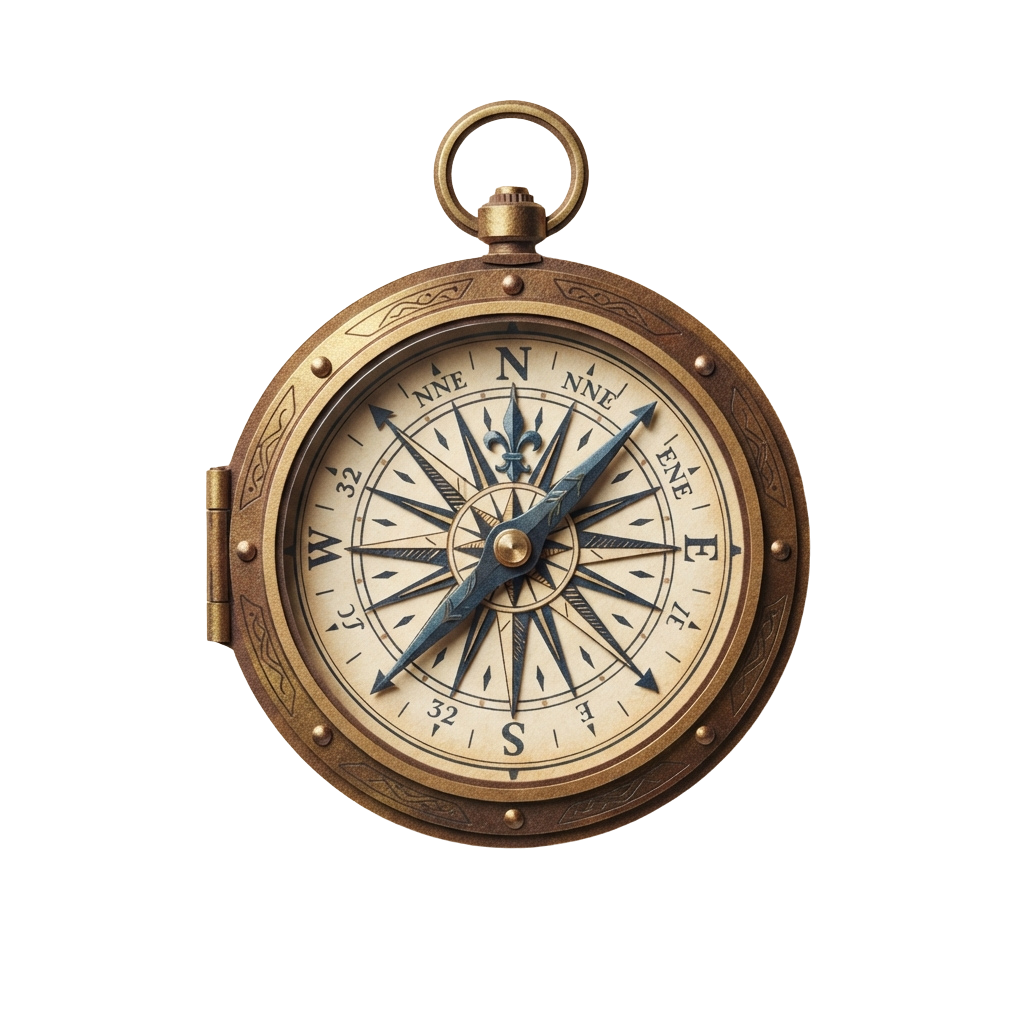 Vintage-style pocket compass with ornate wooden casing, brass fittings, and a detailed directional rose