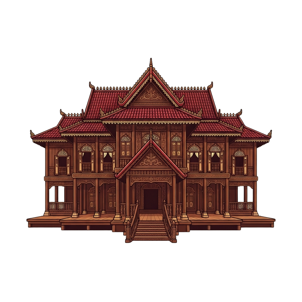 Illustration of a traditional wooden house with intricate carvings, steep red roofs, and symmetrical design