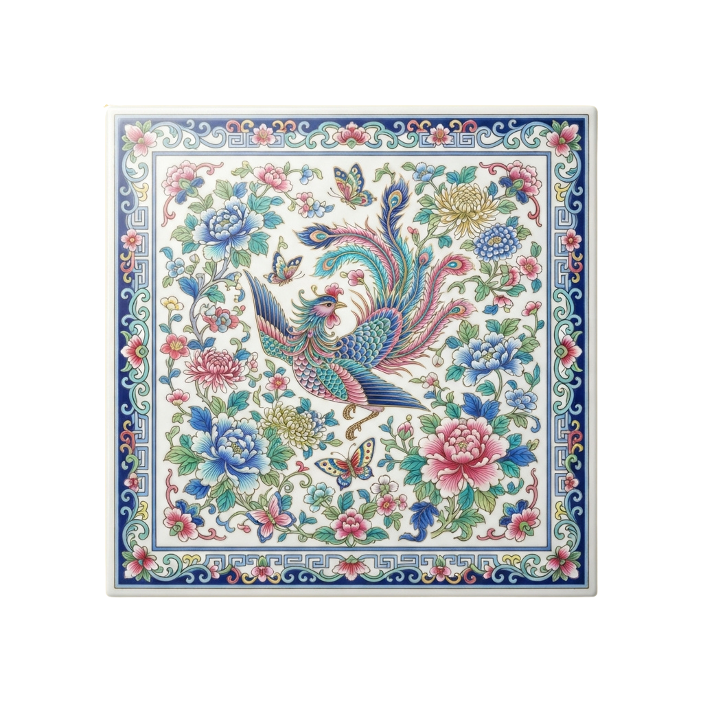 Decorative ceramic tile featuring a peacock surrounded by colorful flowers and butterflies with intricate blue border designs