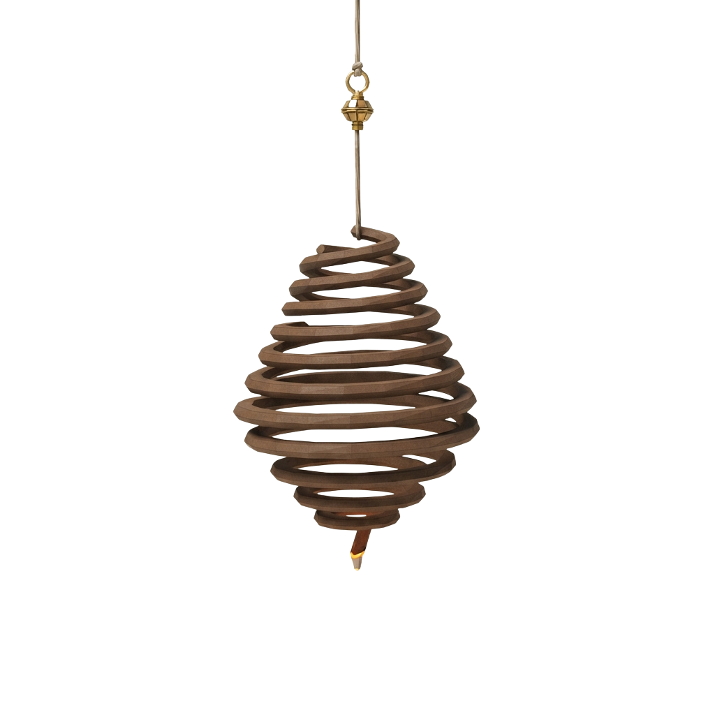 A wooden spiral-shaped hanging light fixture suspended by a cord with a decorative top finial.