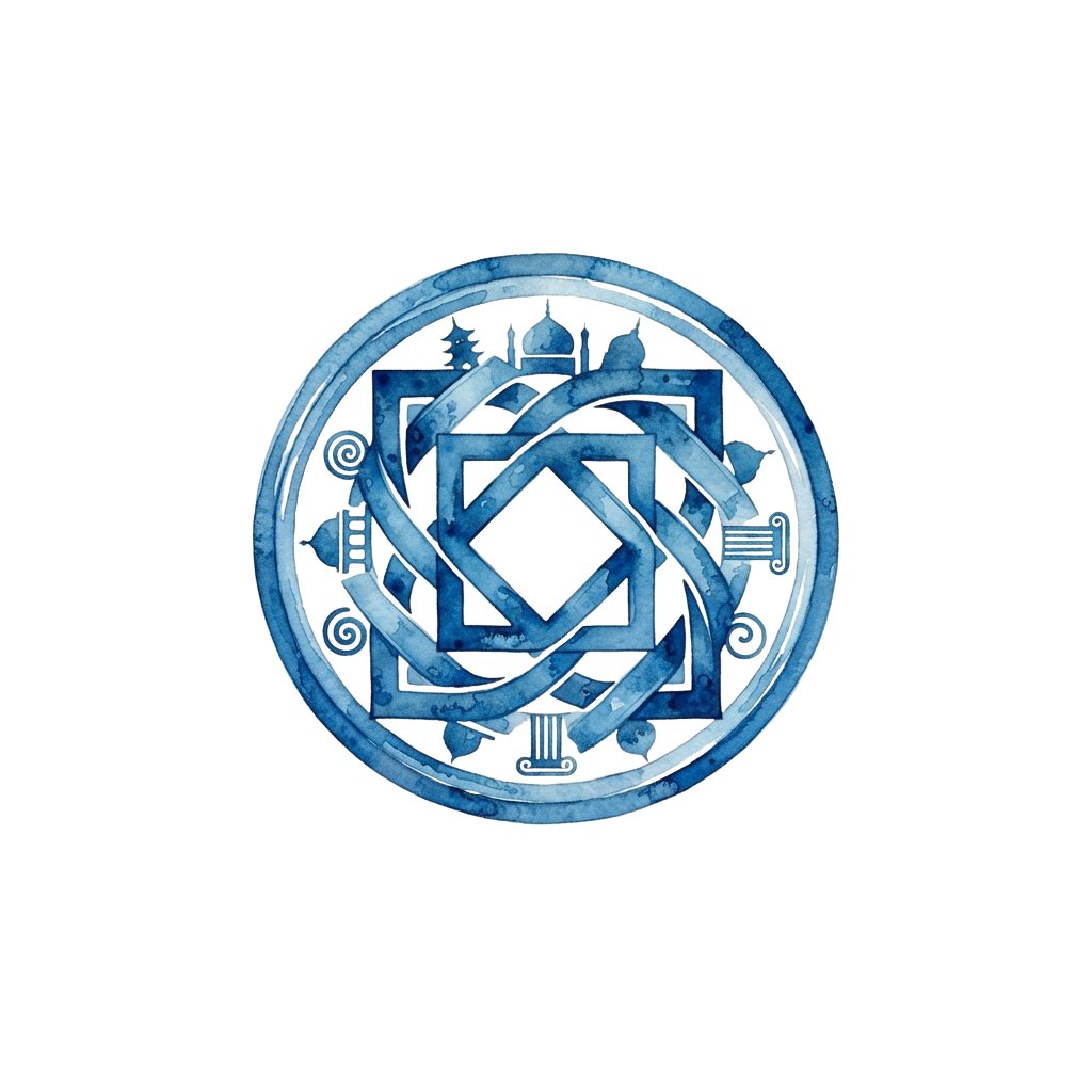A glowing blue circular geometric star pattern featuring architectural symbols and abstract shapes