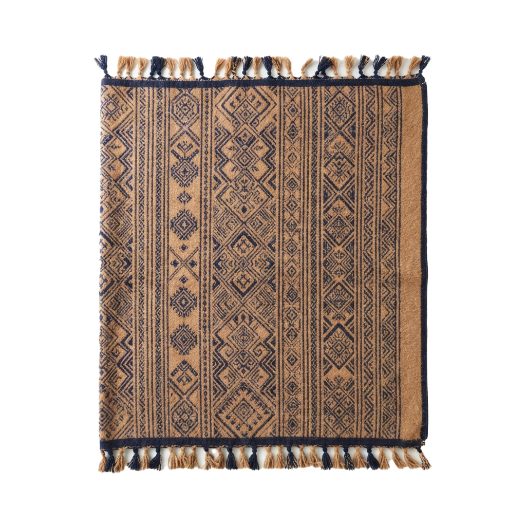 A rectangular handwoven textile featuring intricate geometric diamond patterns in beige and dark brown tones with a fringed border.