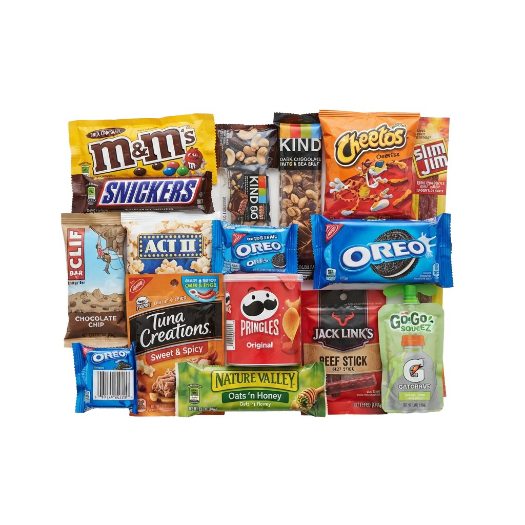 Grid of 16 different snack packages including chips, cookies, candy bars, and crackers.