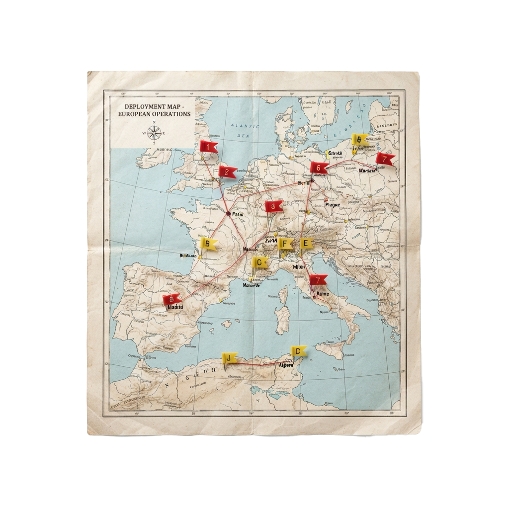 Old map of Europe showing deployment routes and marked locations with red and yellow flags labeled A through U