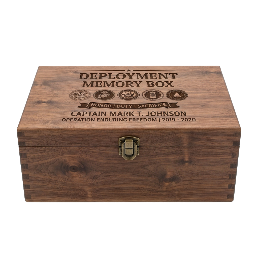 Wooden memory box labeled Deployment Memory Box with military insignias and honor duty sacrifice text