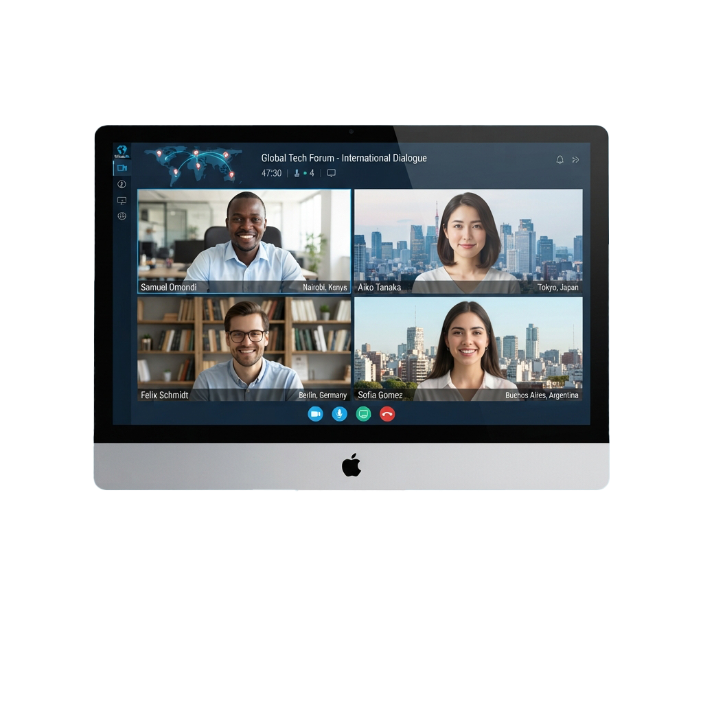 Four individuals participating in a virtual international tech forum meeting on a computer screen