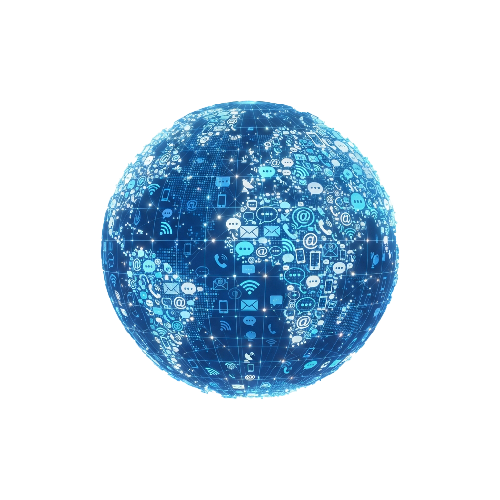 A glowing globe covered with interconnected icons representing digital communication and technology.