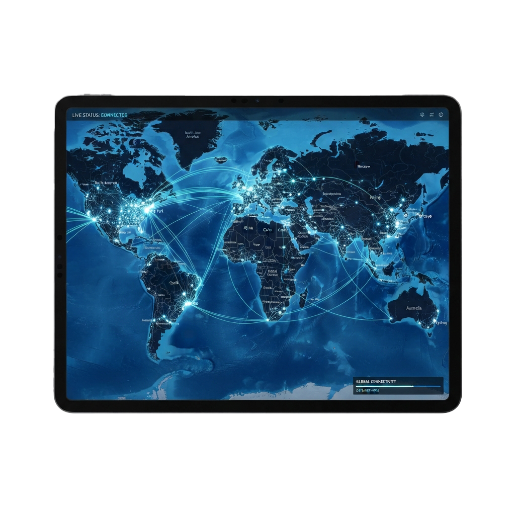 A tablet screen showing a world map with glowing blue connections between cities representing global connectivity.