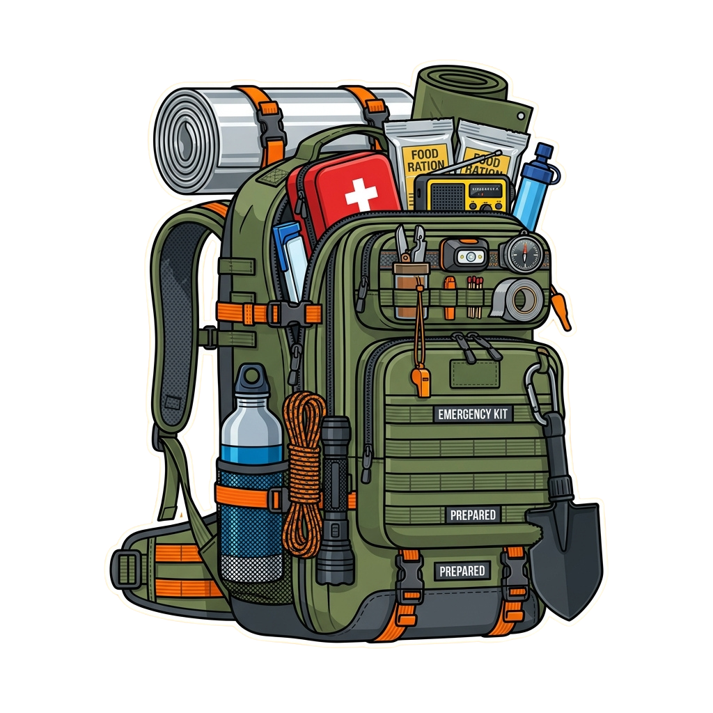 Illustration of a green backpack filled with emergency supplies like first aid kit, food, water, flashlight, and tools.
