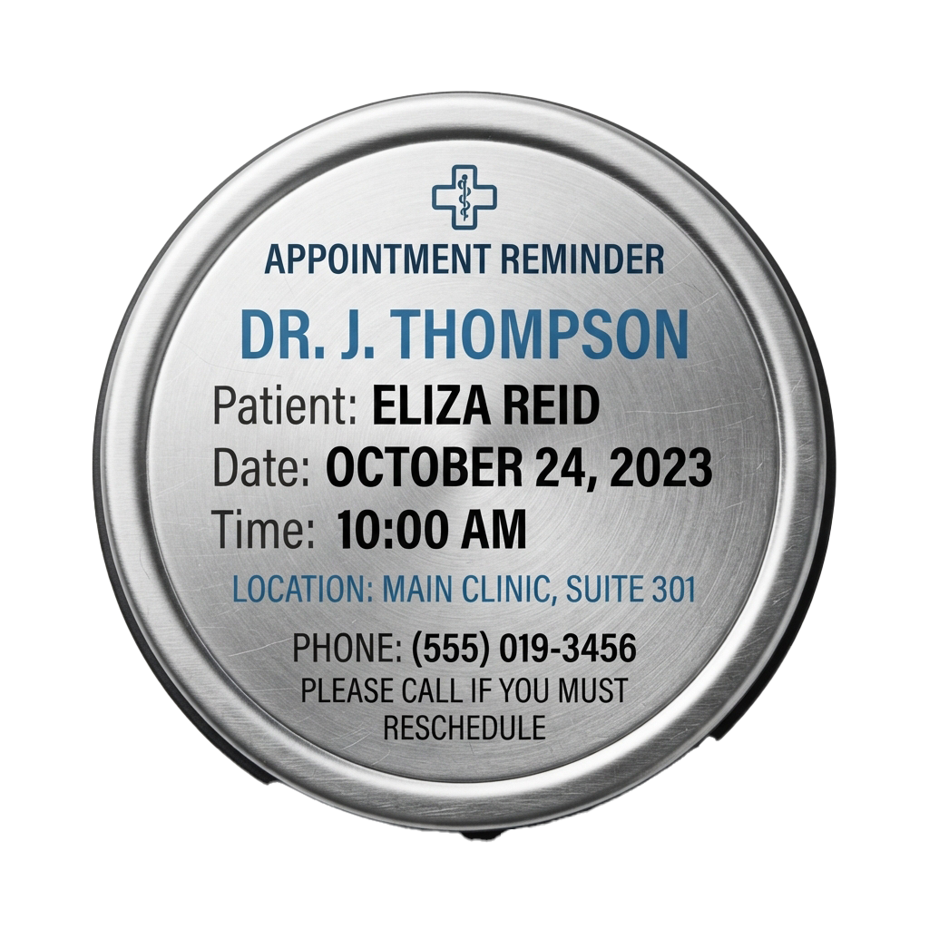 Round metallic badge showing appointment reminder for October 24, 2023 at 10 AM with doctor name, patient name, location, and contact info