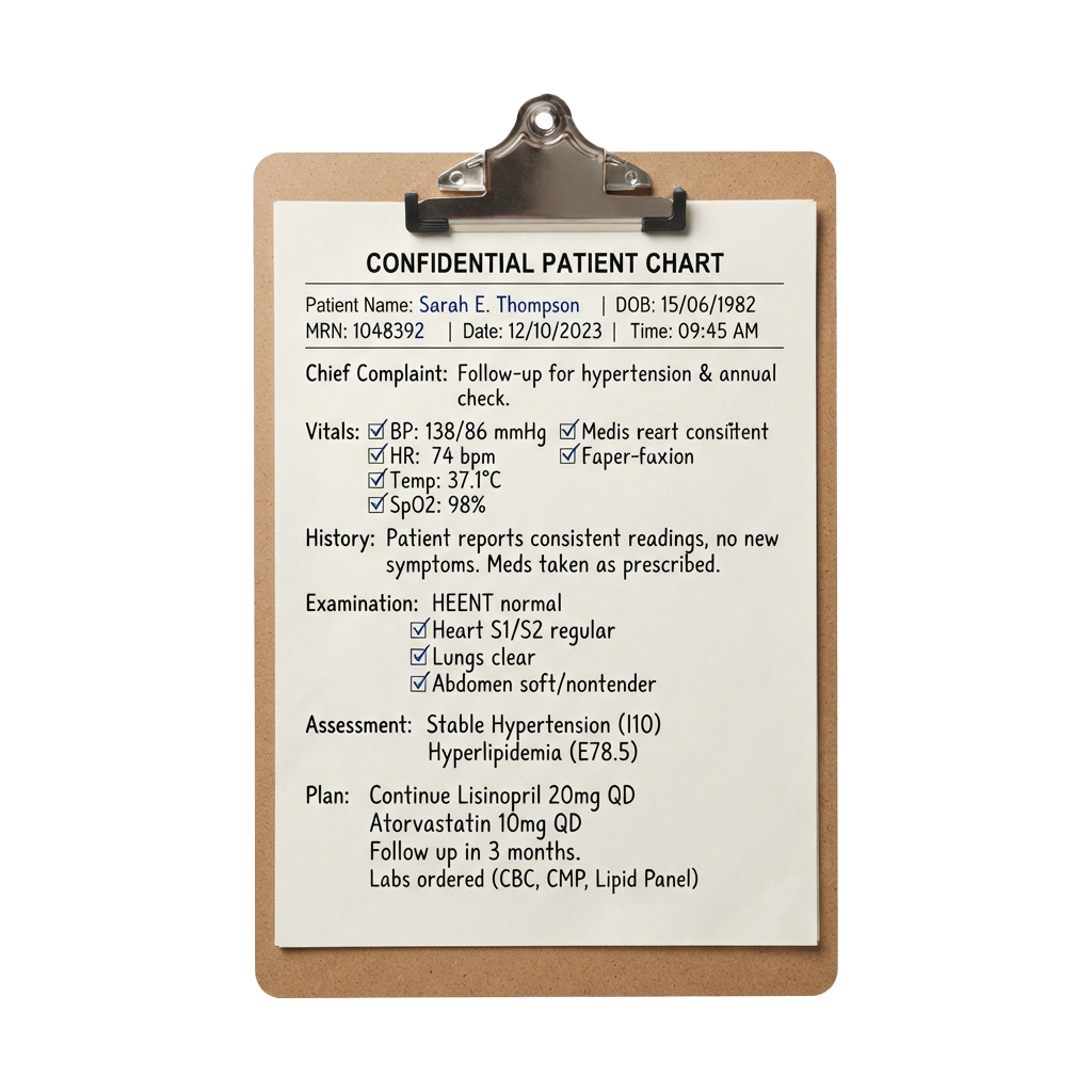 Clipboard showing a confidential patient chart with hypertension follow-up details and vitals