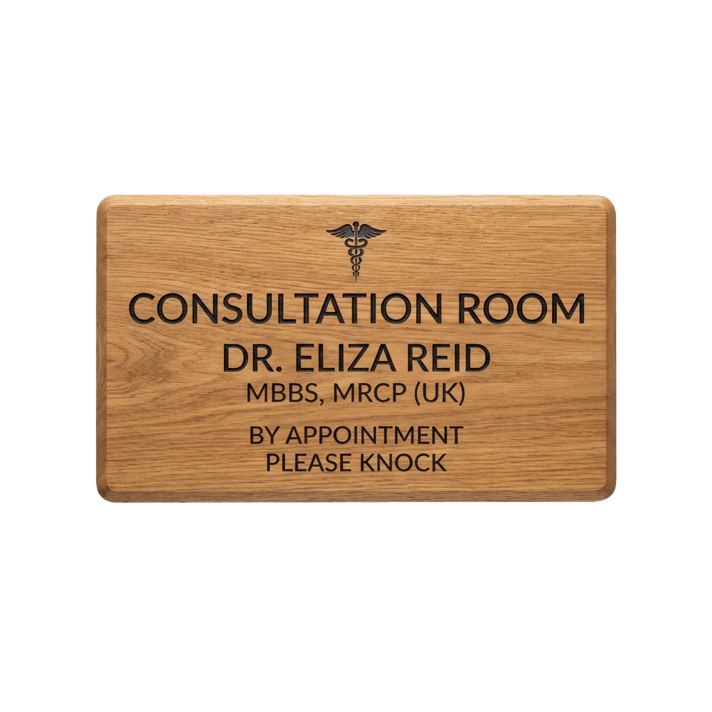Wooden sign for a consultation room displaying Dr title, medical credentials, and a medical caduceus symbol