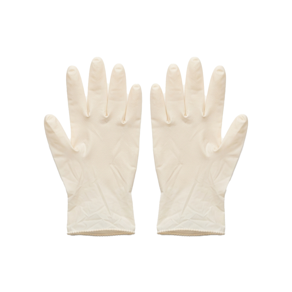Two light-colored disposable gloves displayed side by side against a black background