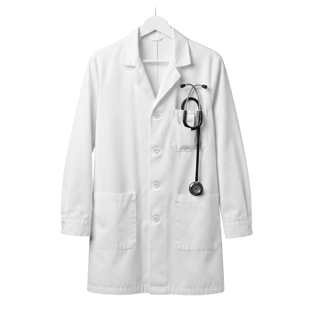 A white lab coat hanging on a hanger with a stethoscope in the chest pocket