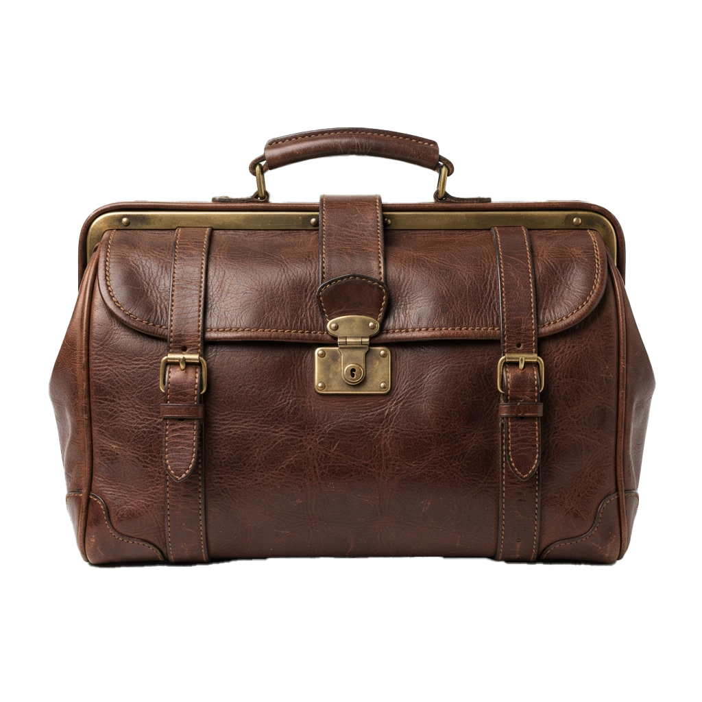 A brown leather briefcase featuring brass clasps, buckles, and a top handle for secure carrying
