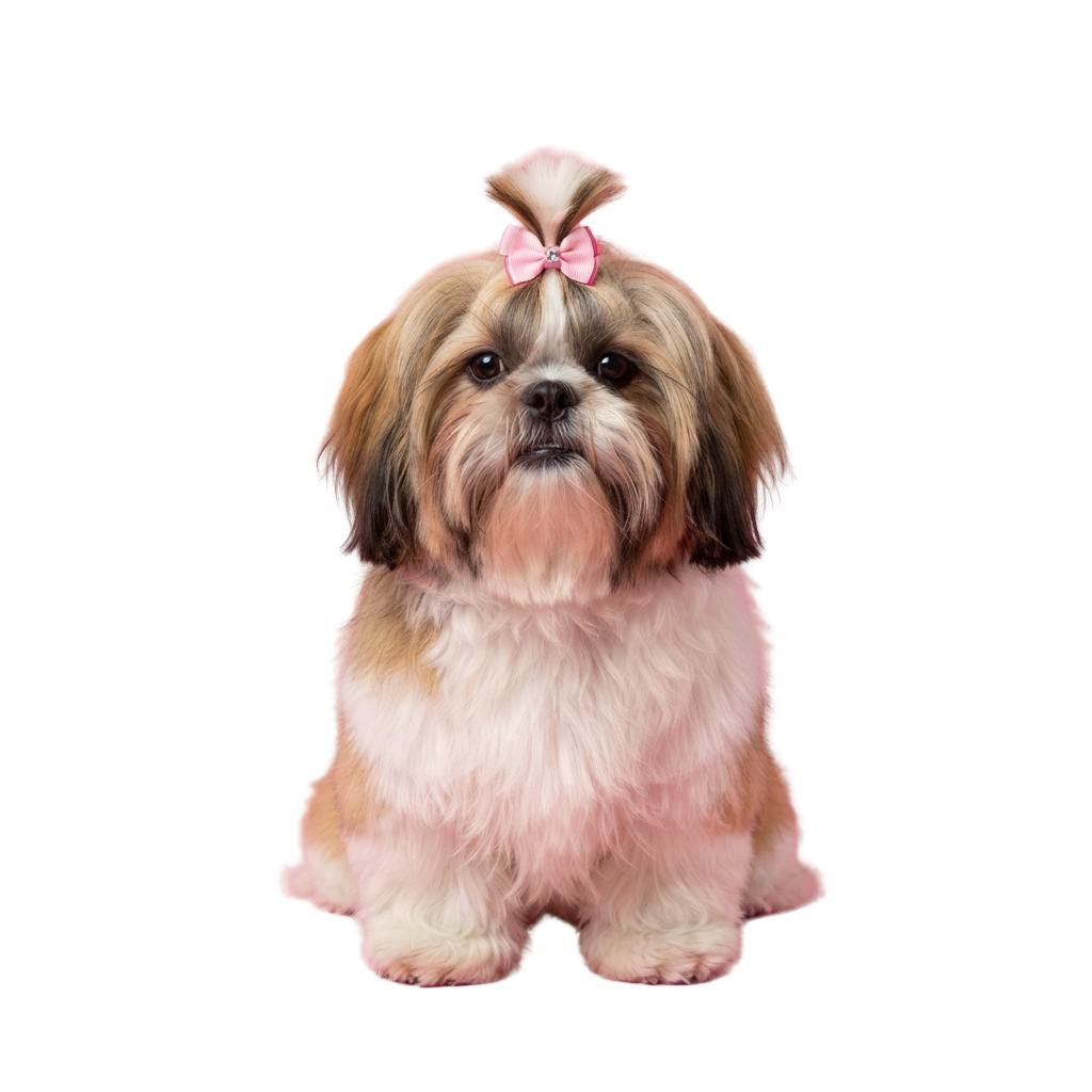 A small Shih Tzu dog sitting upright with a pink bow on its head and a pink undergarment.