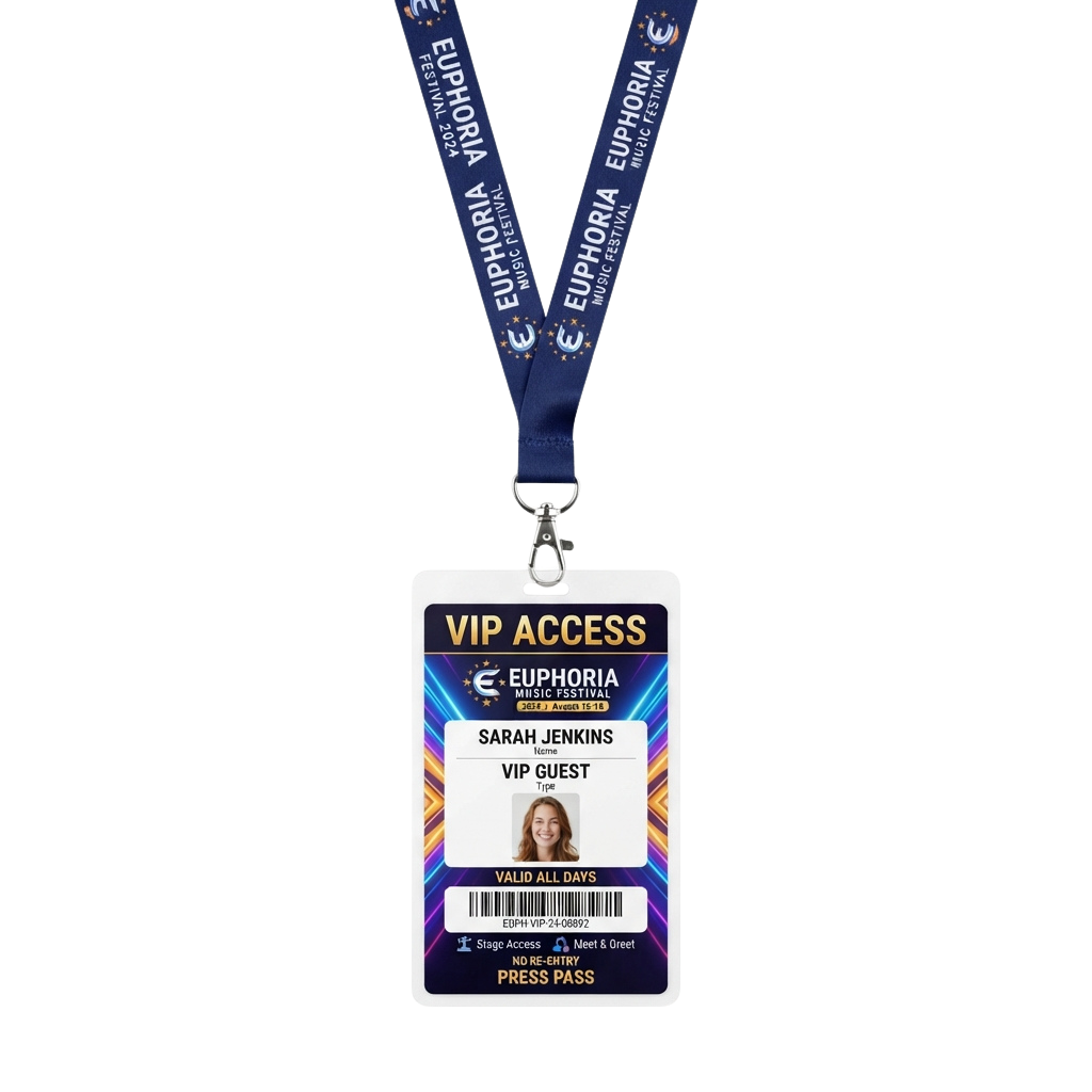 VIP access pass lanyard with a card displaying VIP Guest information and a barcode for a music festival