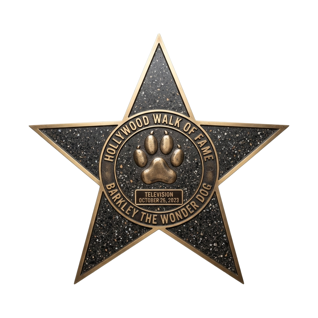 A star-shaped plaque with a paw print in the center, honoring a television dog on the Hollywood Walk of Fame.