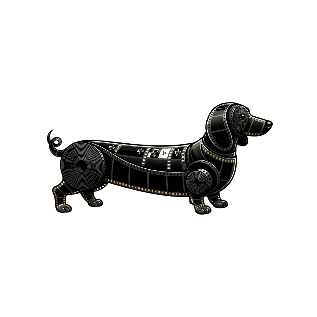 A stylized dachshund sculpture made to resemble a film reel with circular spools for legs and a movie strip pattern on its body