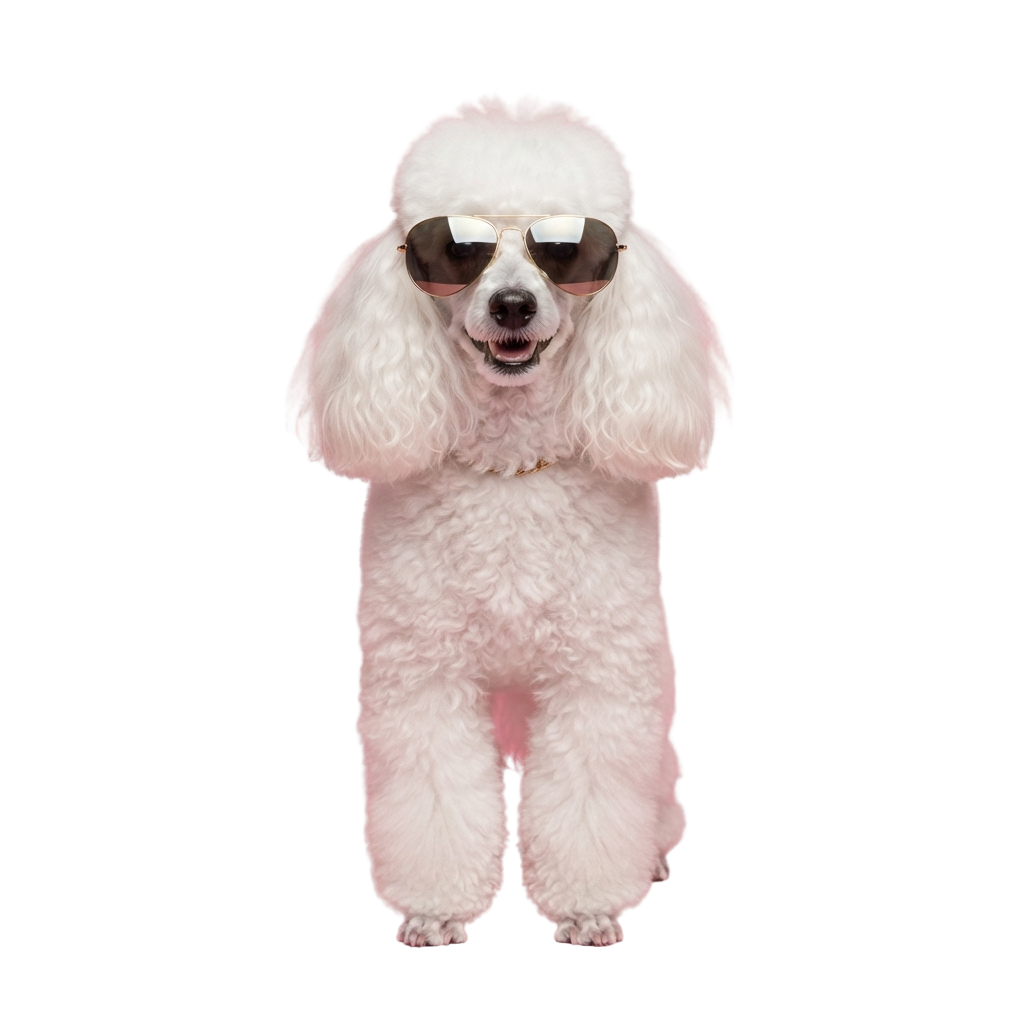 A white poodle standing upright, wearing sunglasses and a hat, smiling at the camera