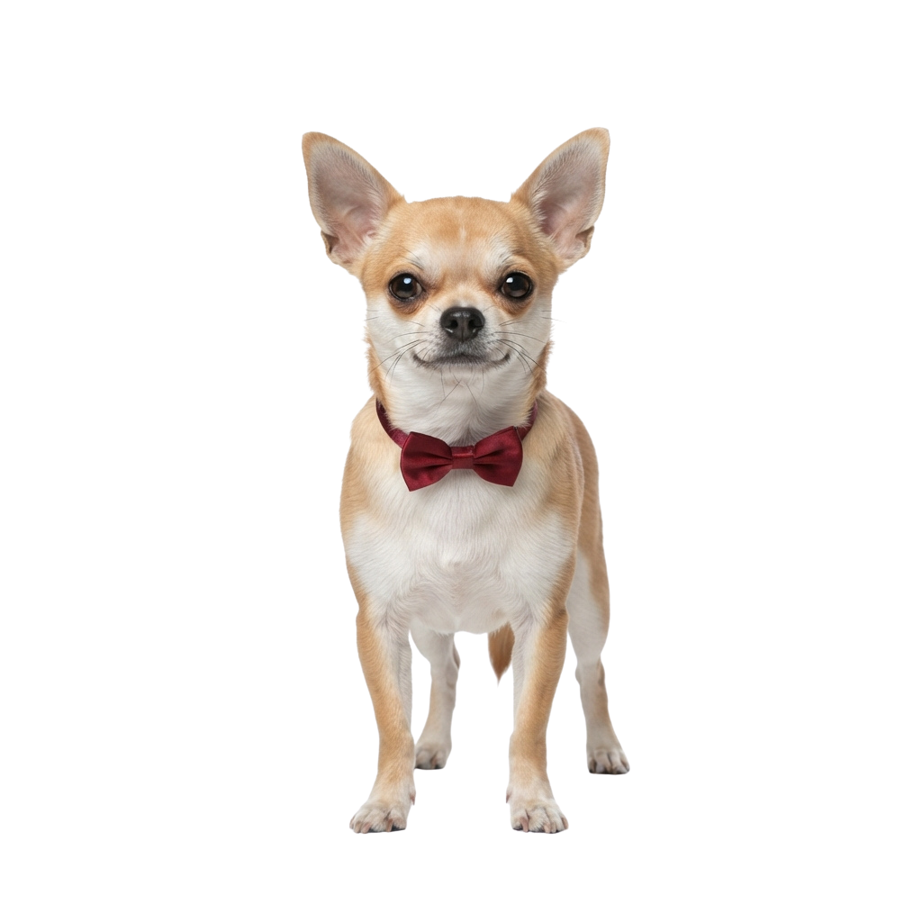 Small tan and white Chihuahua dog standing and wearing a red bow tie against a black background