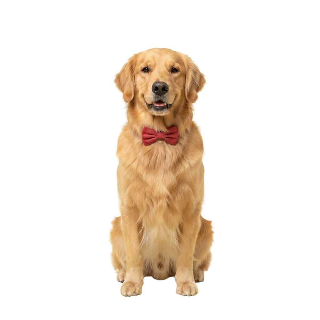 Golden Retriever dog sitting and smiling with a red bowtie around its neck