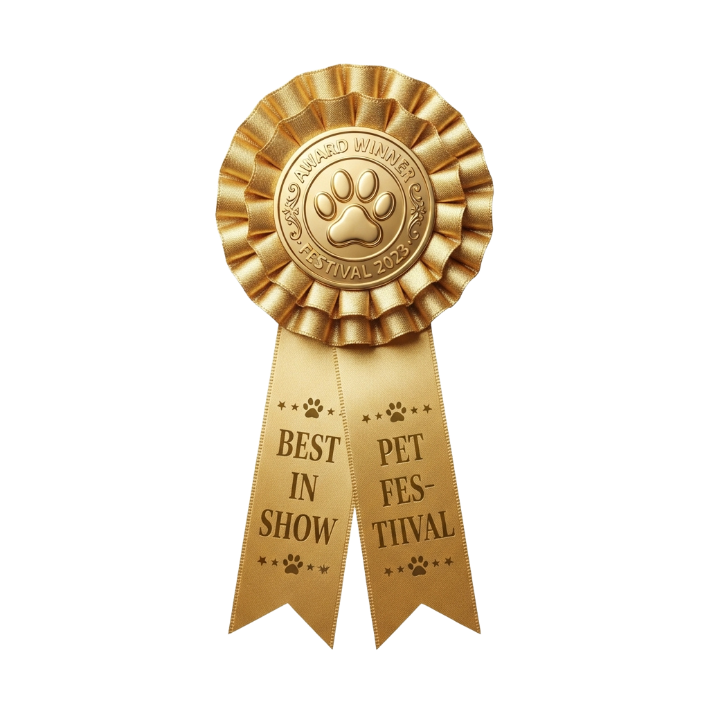 Gold ribbon award with paw prints celebrating Best in Show at a pet festival