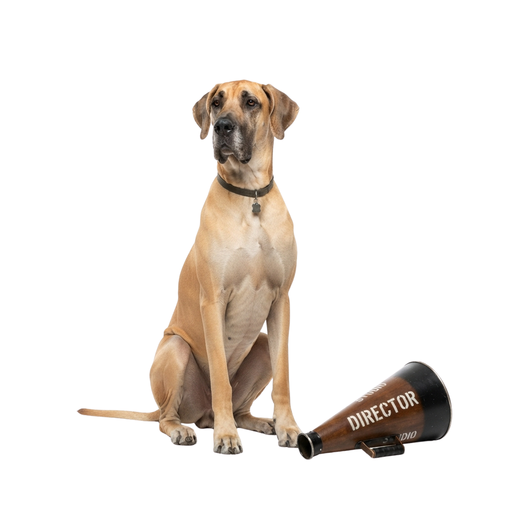 A tan-colored dog sitting on a black background next to a director's megaphone prop.