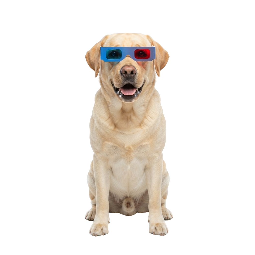 A smiling light-colored dog sitting and wearing red-blue 3D glasses