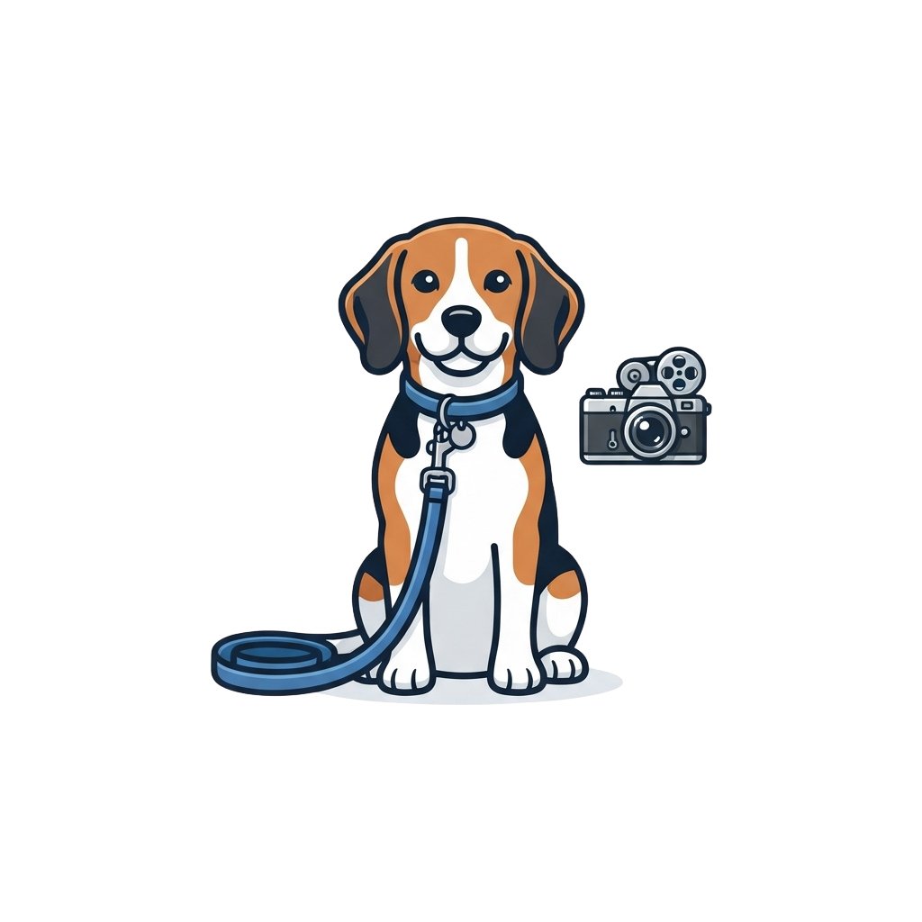 A cheerful beagle dog sitting on a leash next to a vintage camera illustration