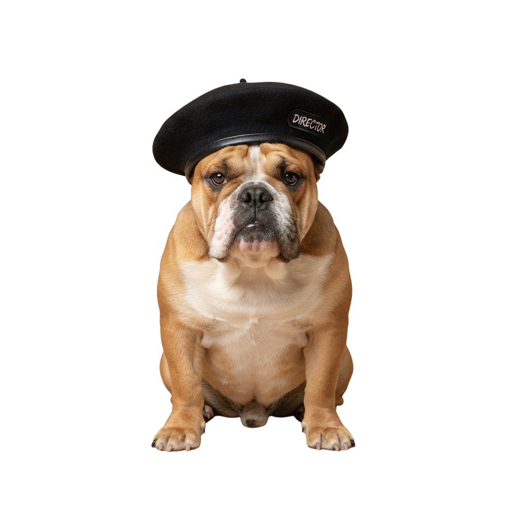 A bulldog sitting and wearing a black beret hat labeled Director