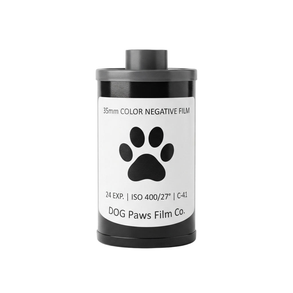 Film canister with paw print design labeled 35mm color negative film, 24 exposures, ISO 400.